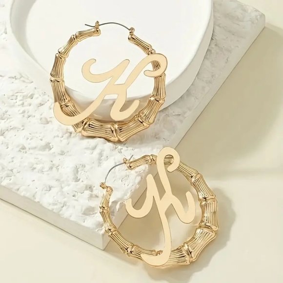 Slub Letter Design Hoop Earrings Retro Elegant Style Alloy 18K Gold Plated - Picture 4 of 8